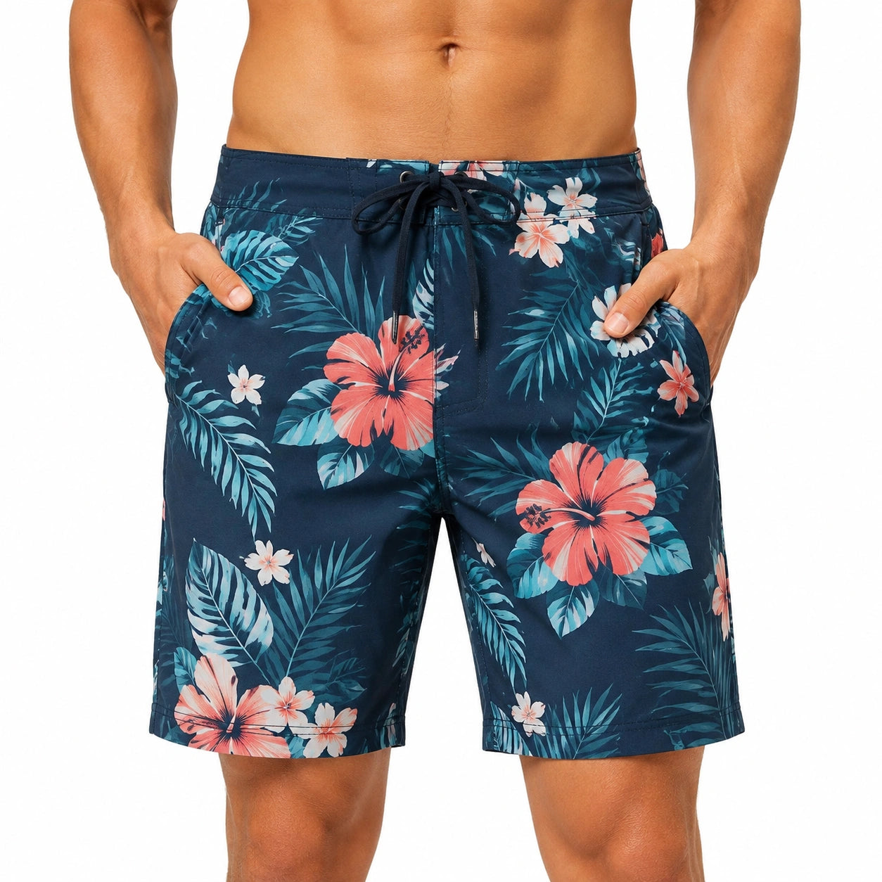 Bañador para hombre talla L azul marino con estampado floral y cordón ajustable
