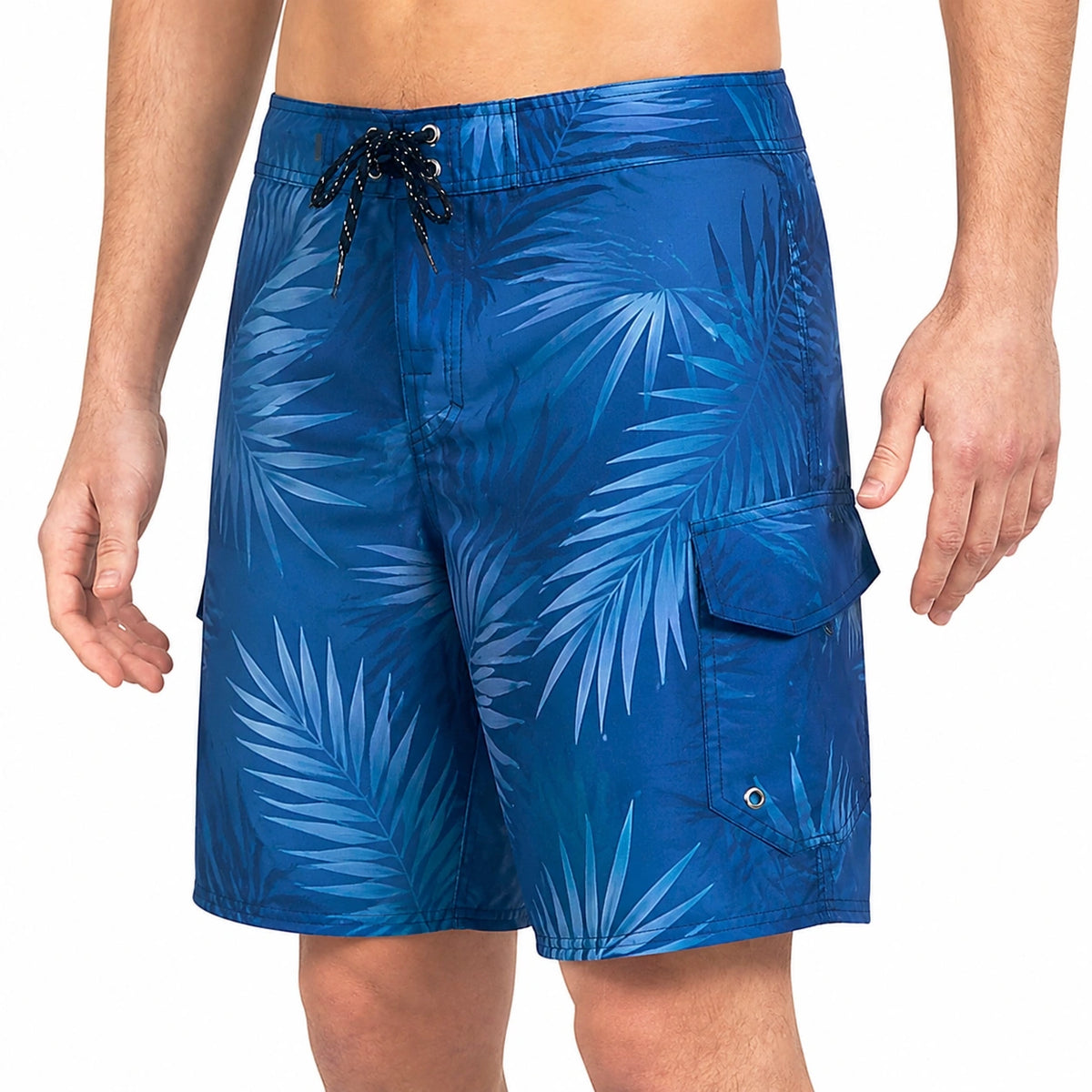 Bañador bermuda hombre talla L azul con estampado de hojas y bolsillo lateral