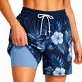 Pantalón corto de baño talla L azul marino con estampado floral y malla interior