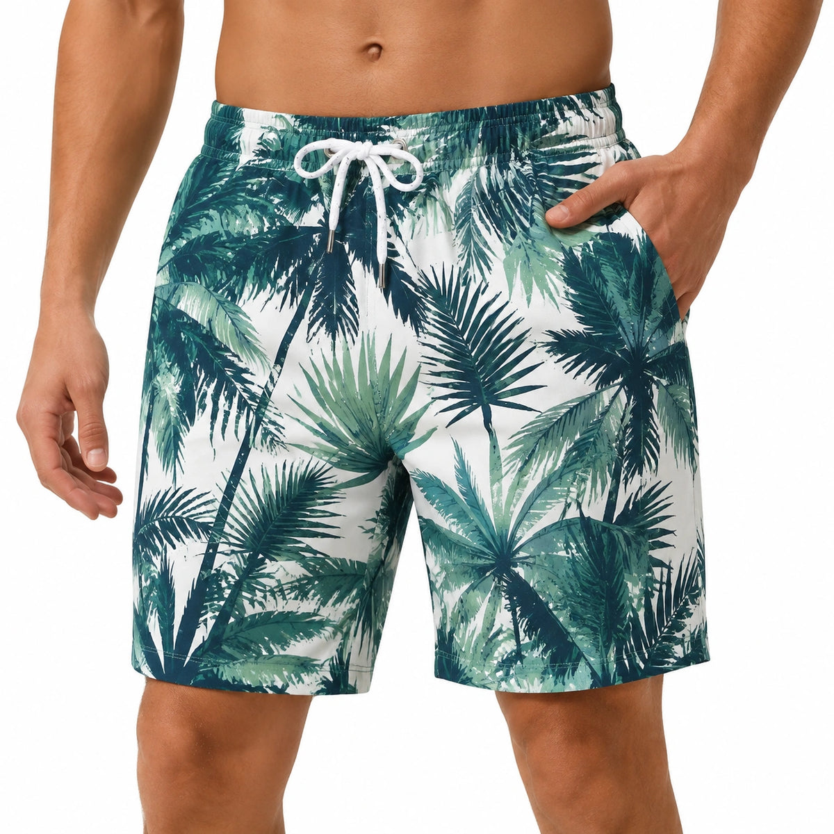 Bañador de hombre talla M verde y blanco con estampado tropical - corto con cordón