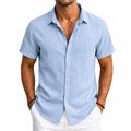 Camisa de hombre M azul claro de tejido ligero con manga corta y botones