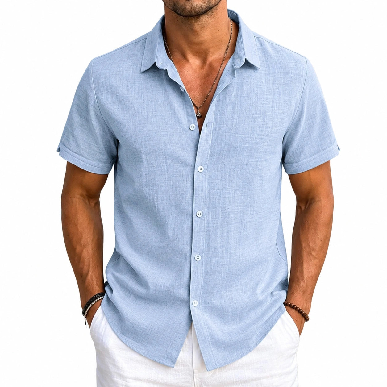Camisa de hombre M azul claro de tejido ligero con manga corta y botones