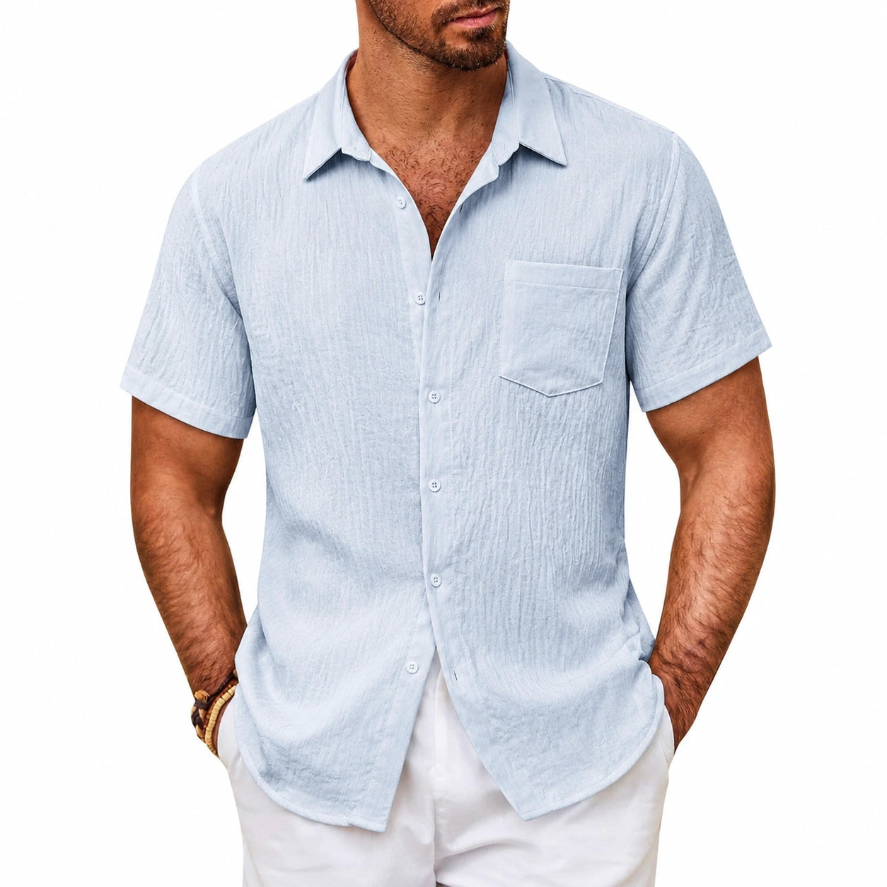 Camisa de hombre talla L azul claro de manga corta con bolsillo estilo informal