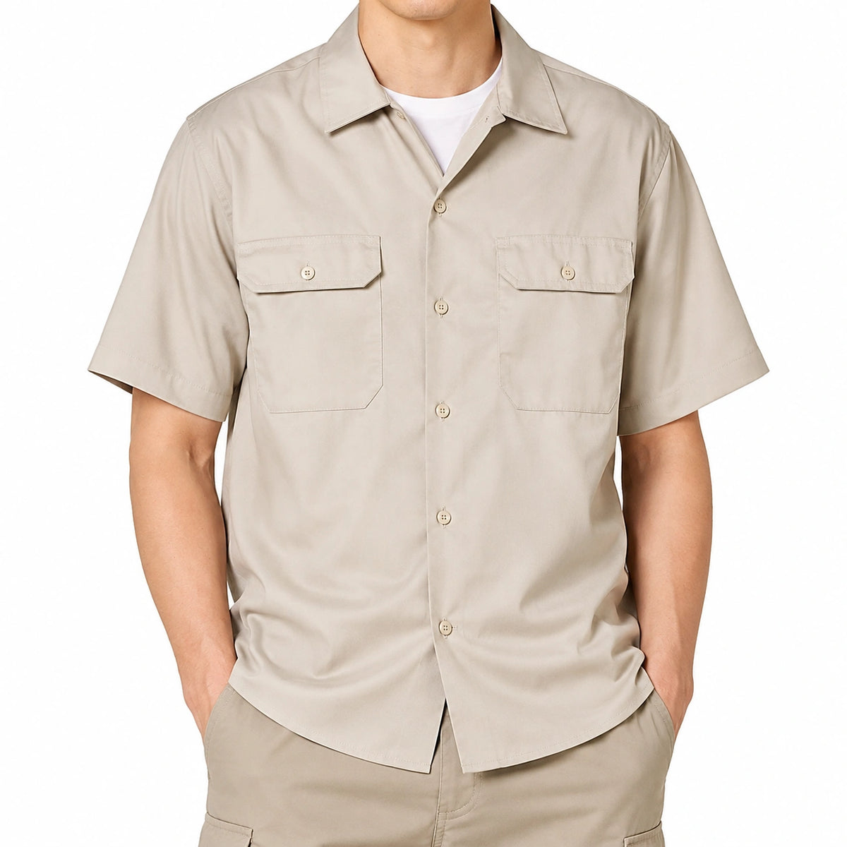 Camisa de manga corta talla L beige de tejido ligero estilo utilitario