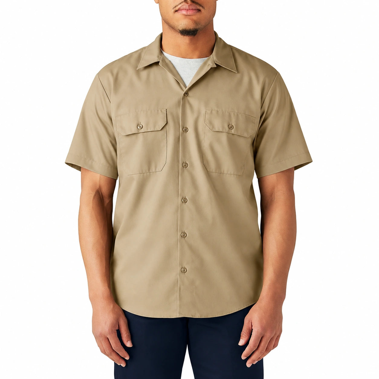 Camisa de hombre talla M de tejido liso caqui de manga corta estilo utilitario