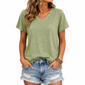 Camiseta de mujer talla S verde de tejido ligero con cuello pico y manga corta estilo casual