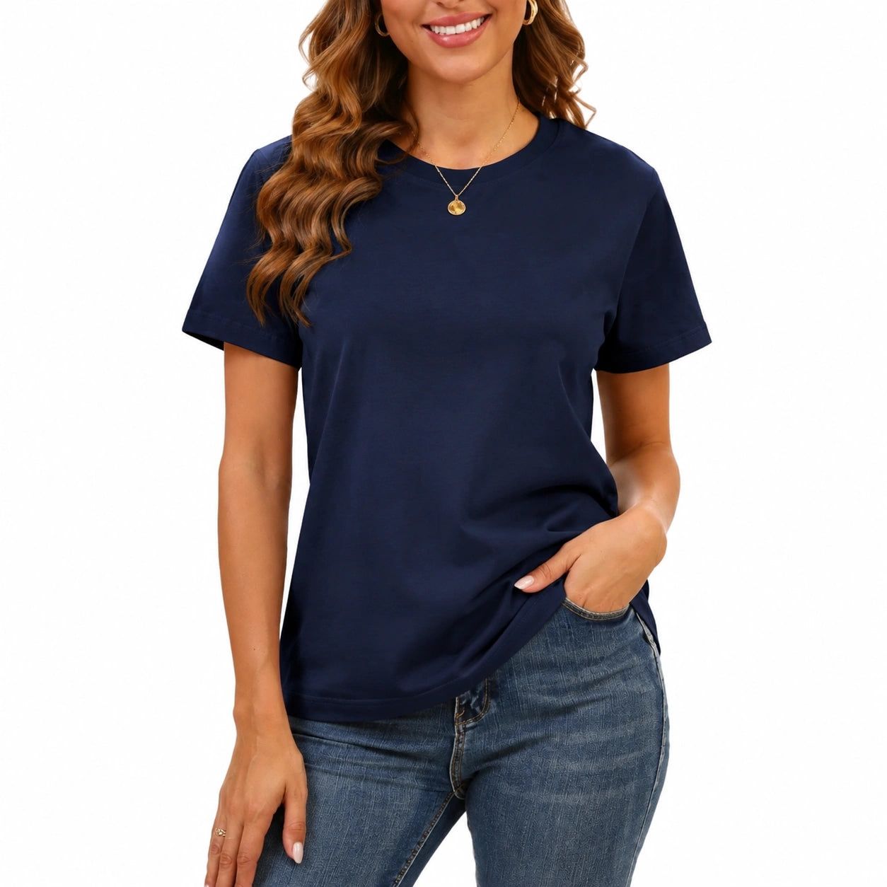 Camiseta de mujer talla S azul marino de tejido liso - manga corta estilo casual