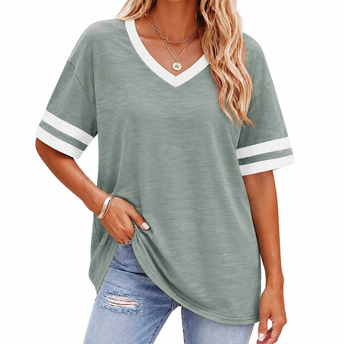 Camiseta de mujer talla S de tejido verde salvia con cuello de pico estilo casual