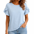 Camiseta de mujer talla M azul claro de punto con mangas de volantes estilo casual