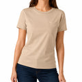 Camiseta de mujer talla M de tejido beige con bolsillo - corte recto informal