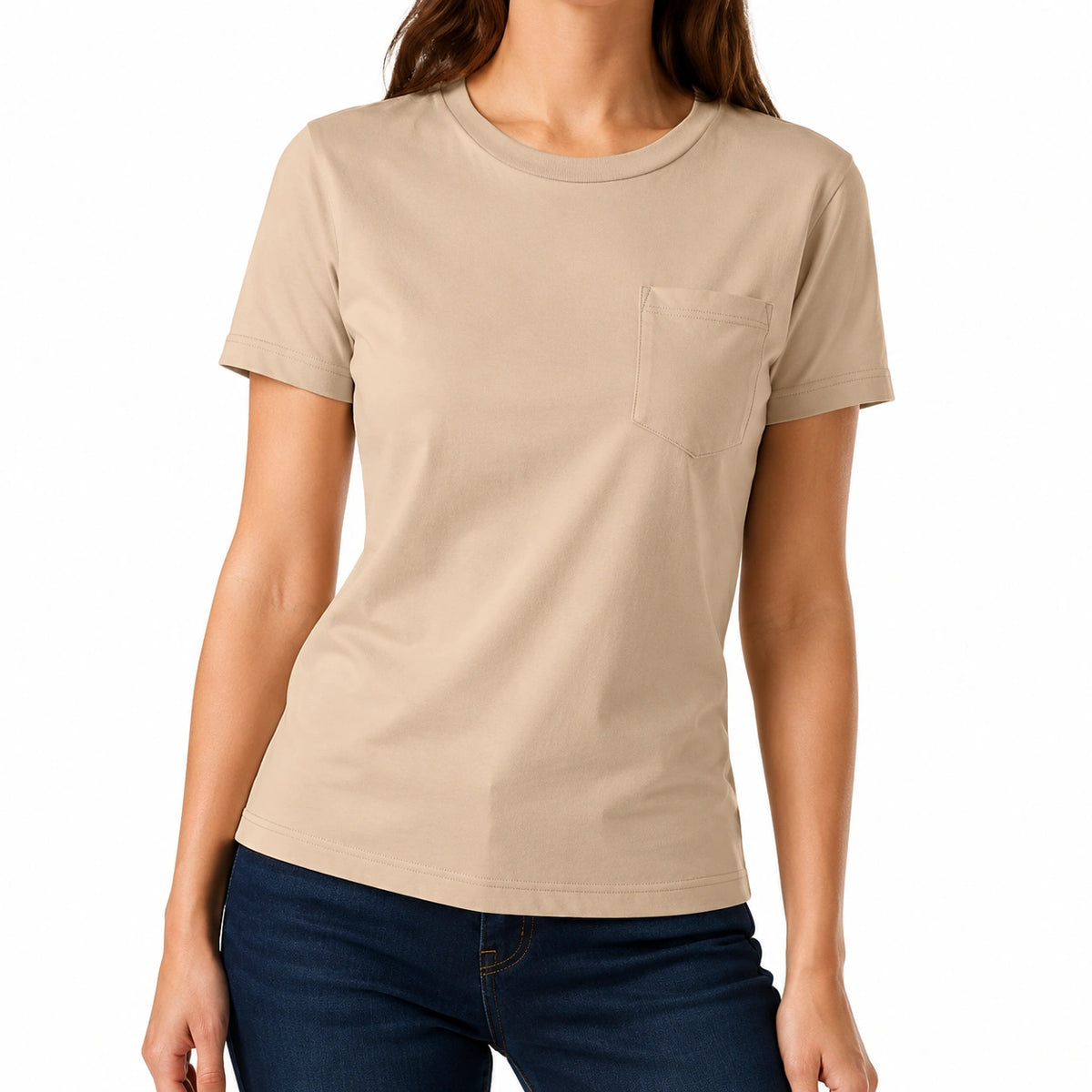 Camiseta de mujer talla M de tejido beige con bolsillo - corte recto informal