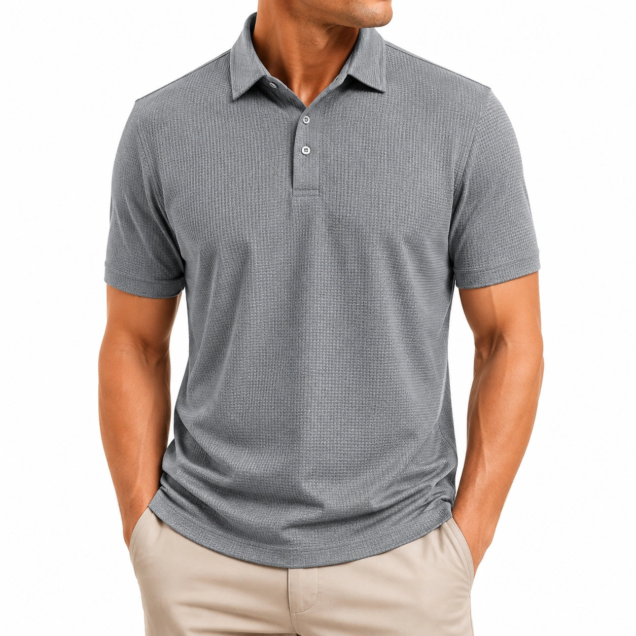 Polo de hombre talla L gris de tejido texturizado manga corta estilo casual